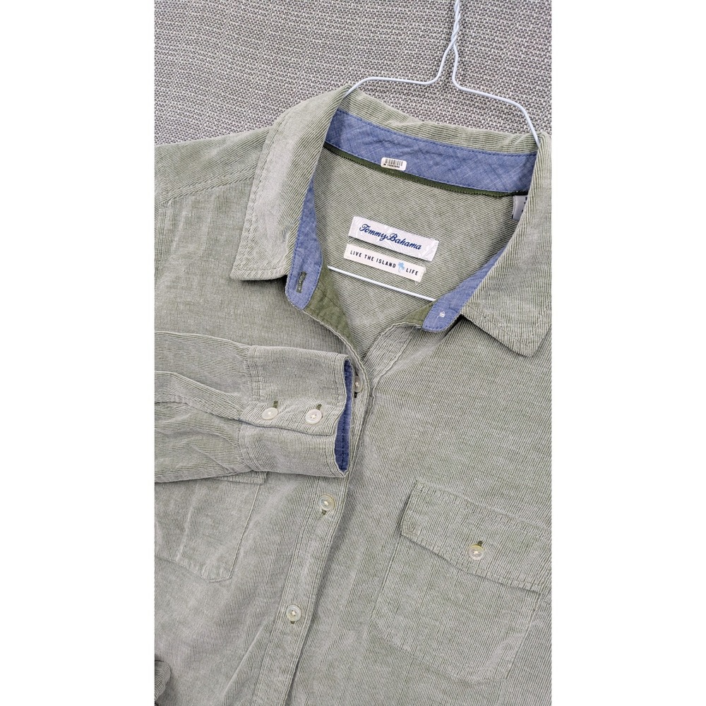 Tommy Bahama Womens Sage Green Corduroy Button Front Shirt Dress Belted Size M